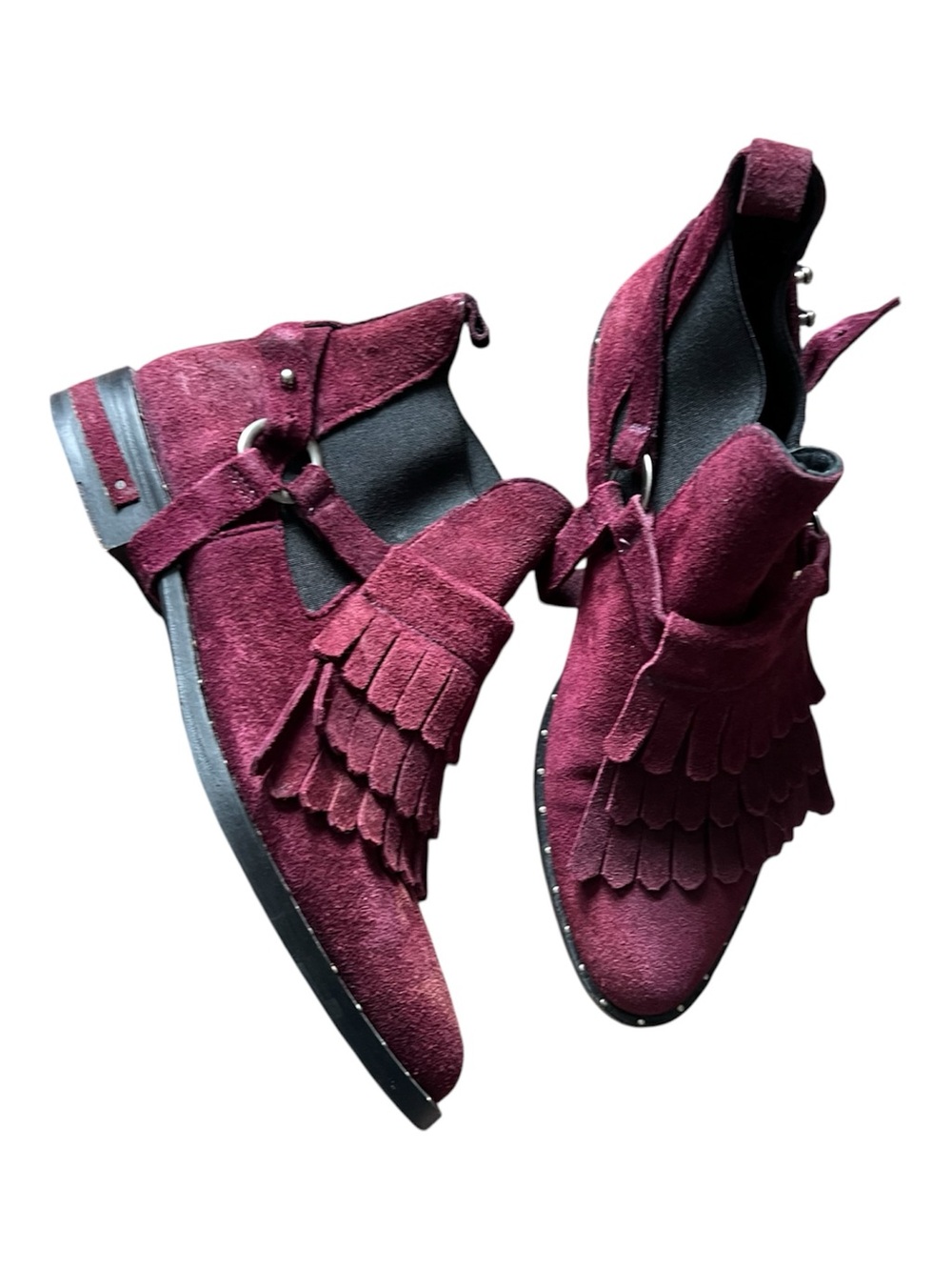 Freda Salvador Burgundy Suede Fringe Ankle Boots, size 6